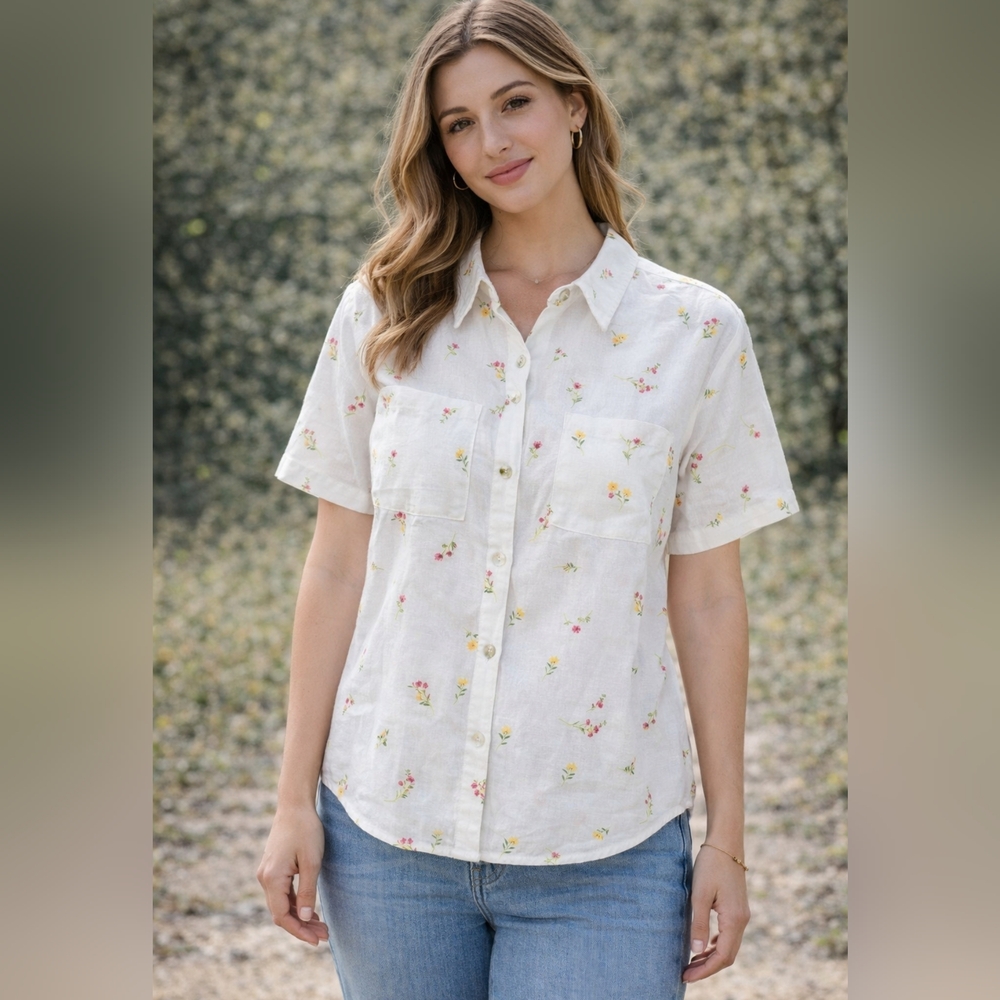 NWOT Rae Dunn Linen Blend Floral Button Down Shirt L